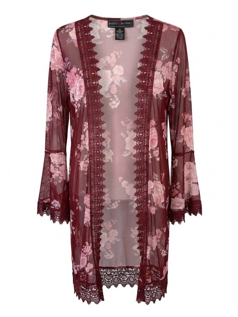 Boho Floral Mesh Kimono Cardigan Burgundy Lace Trim Sheer Festival Wrap Medium M